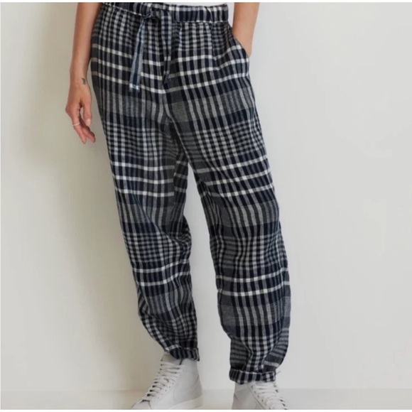 Everlane Plaid Linen Barrel Pant pull on checker navy white academia XXS new - Picture 1 of 11